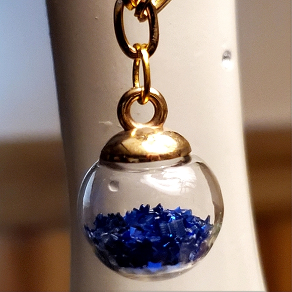Handmade clear glass ball with blue sparkly stars necklace & earrings set. - Picture 2 of 8